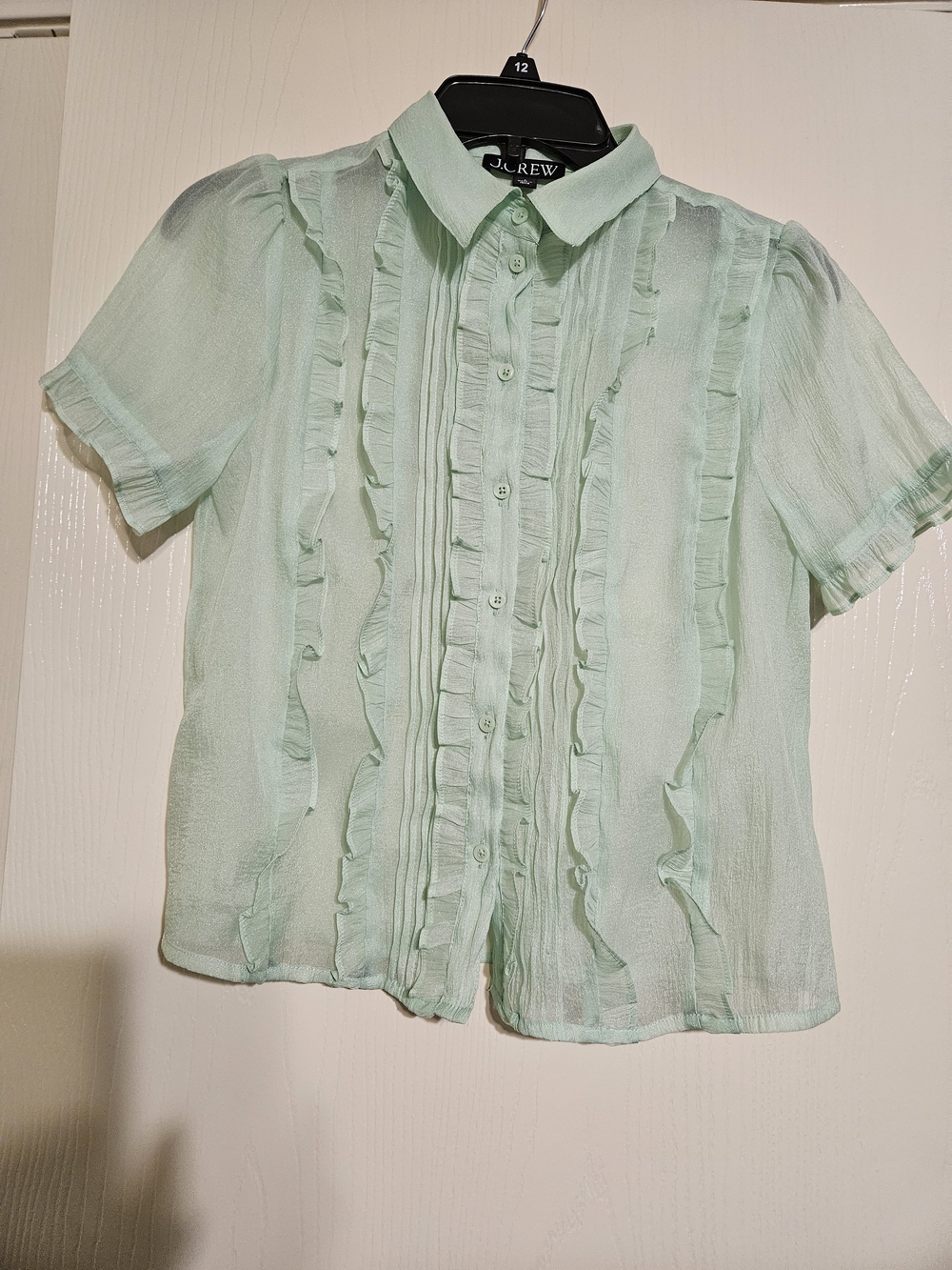 J. Crew Mint Green Ruffle Button-Up Blouse